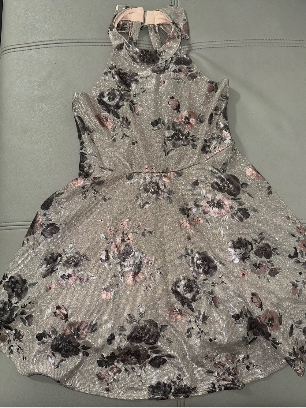 Emerald Sundae Silver Glitter Floral Halter Dress with Pink and Black Accents